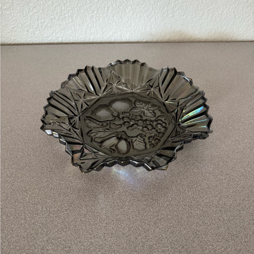 Vintage Federal Glass Ruffled Edge Dish - Iridescent Smoke Grey